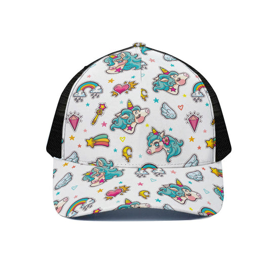 Little Girly Unicorn Pattern Print Black Mesh Trucker Cap