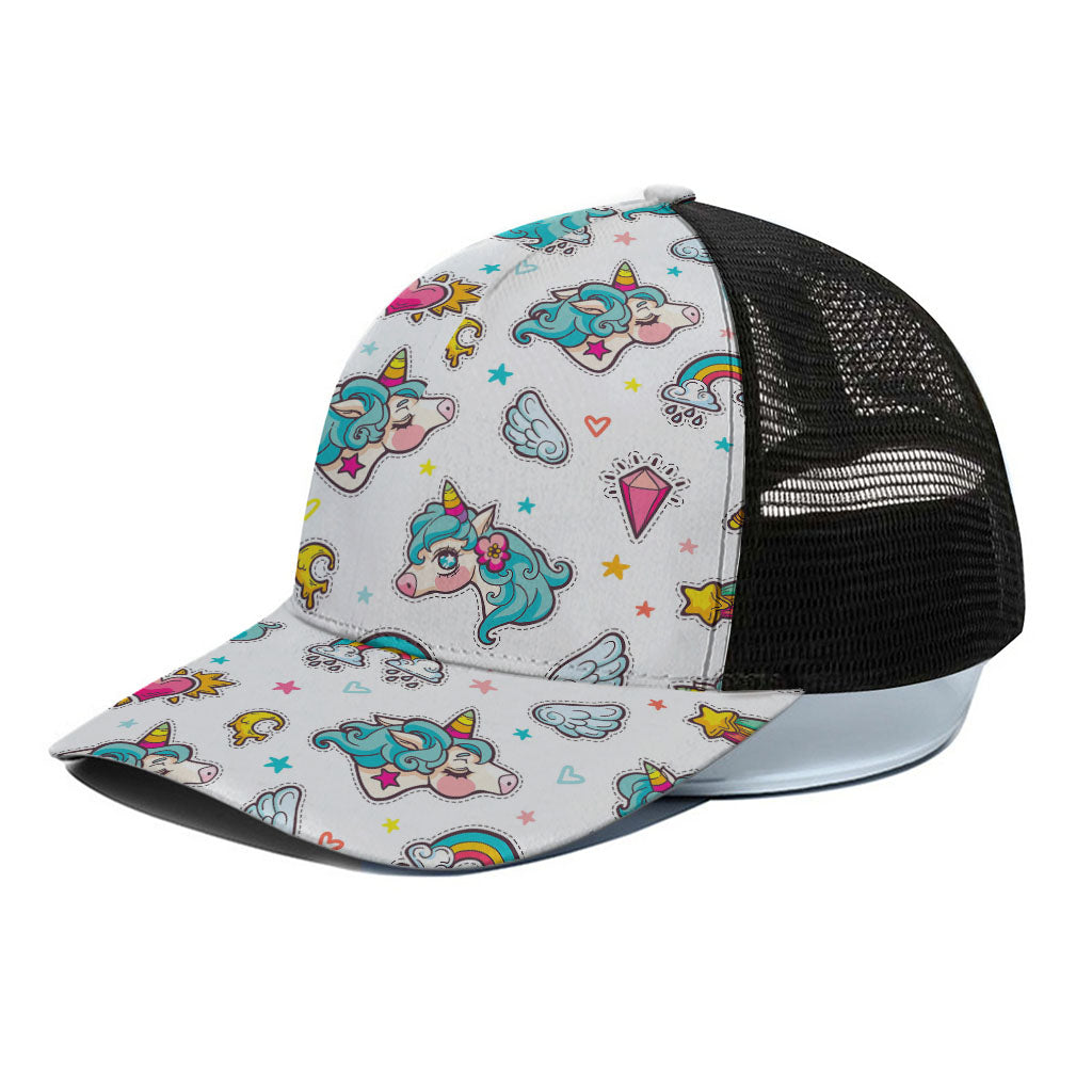 Little Girly Unicorn Pattern Print Black Mesh Trucker Cap