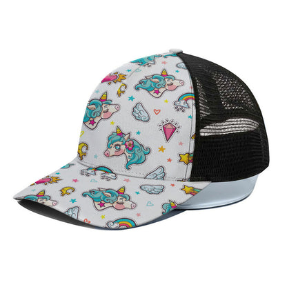 Little Girly Unicorn Pattern Print Black Mesh Trucker Cap