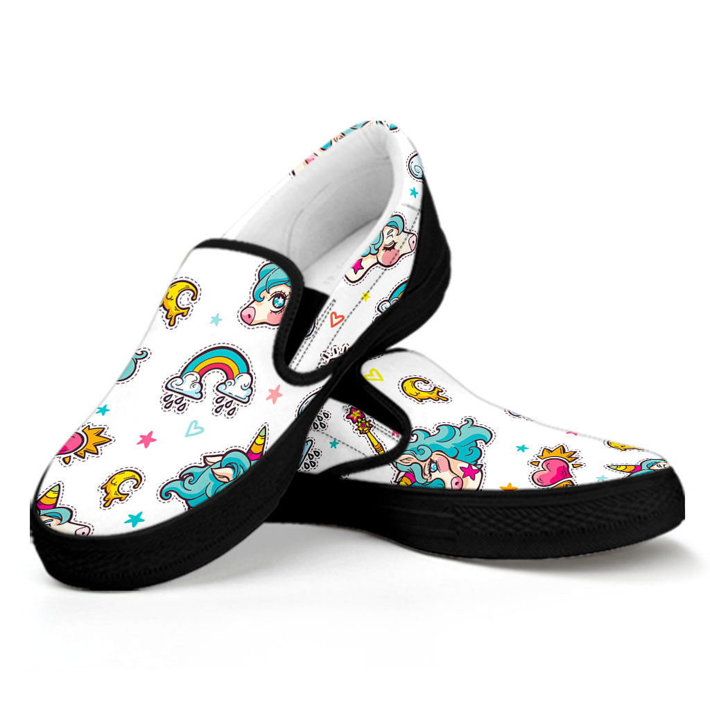 Little Girly Unicorn Pattern Print Black Slip On Sneakers