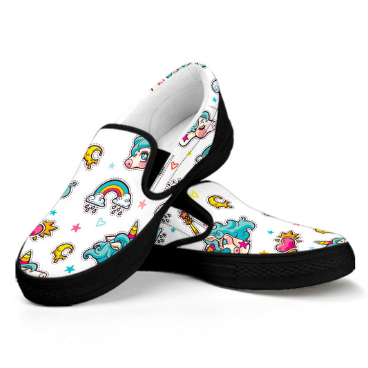 Little Girly Unicorn Pattern Print Black Slip On Sneakers
