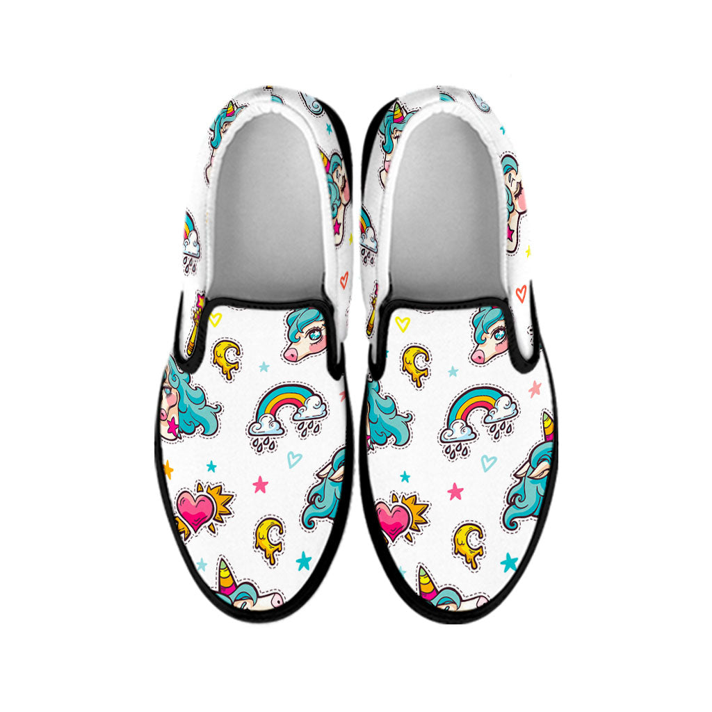 Little Girly Unicorn Pattern Print Black Slip On Sneakers