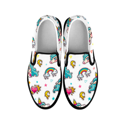 Little Girly Unicorn Pattern Print Black Slip On Sneakers