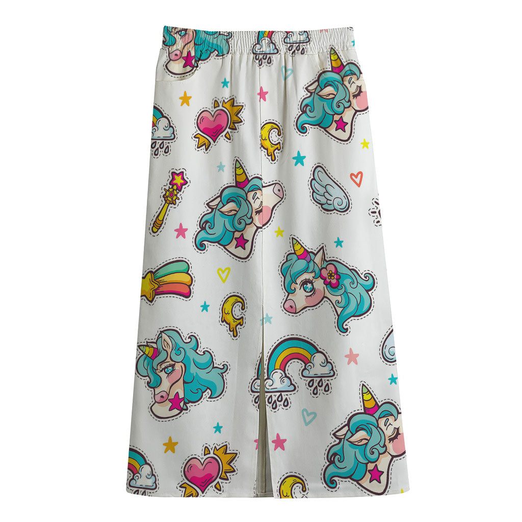 Little Girly Unicorn Pattern Print Cotton Front Slit Maxi Skirt