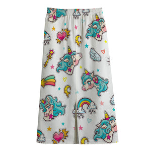 Little Girly Unicorn Pattern Print Cotton Front Slit Maxi Skirt