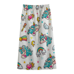 Little Girly Unicorn Pattern Print Cotton Front Slit Maxi Skirt