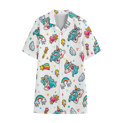 Little Girly Unicorn Pattern Print Cotton Hawaiian Shirt