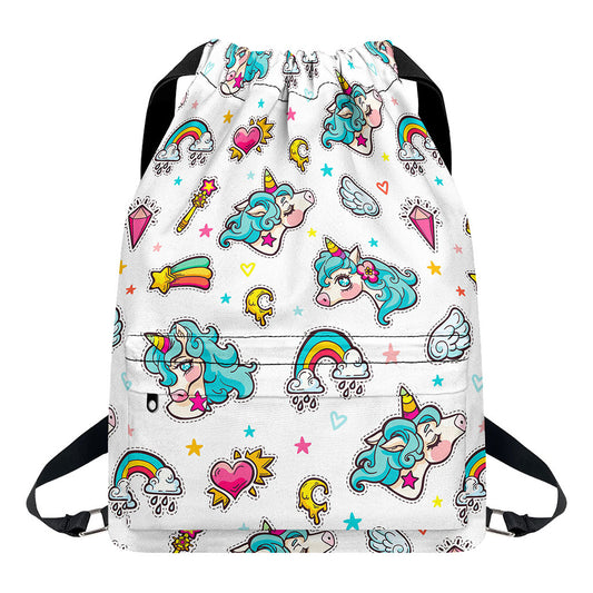 Little Girly Unicorn Pattern Print Drawstring Backpack