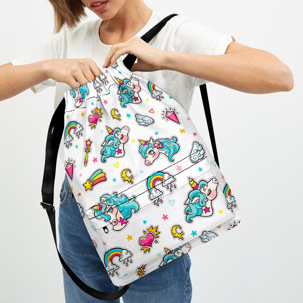 Little Girly Unicorn Pattern Print Drawstring Backpack