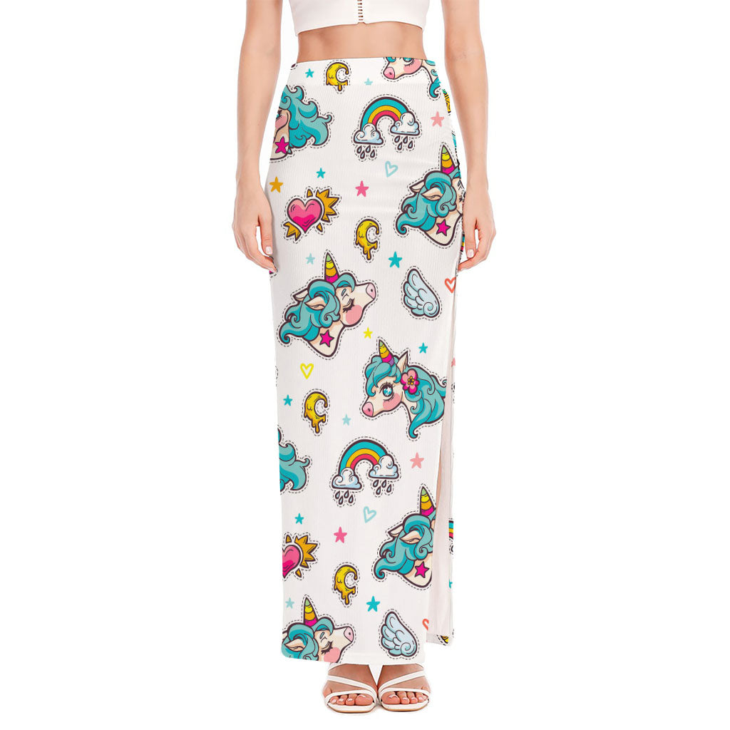 Little Girly Unicorn Pattern Print High Slit Maxi Skirt