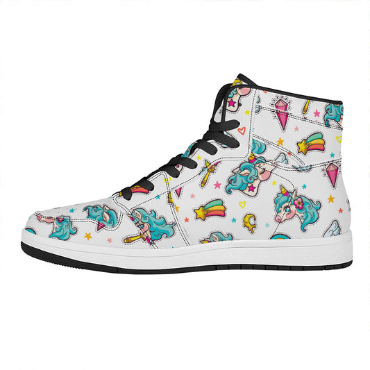 Little Girly Unicorn Pattern Print High Top Leather Sneakers