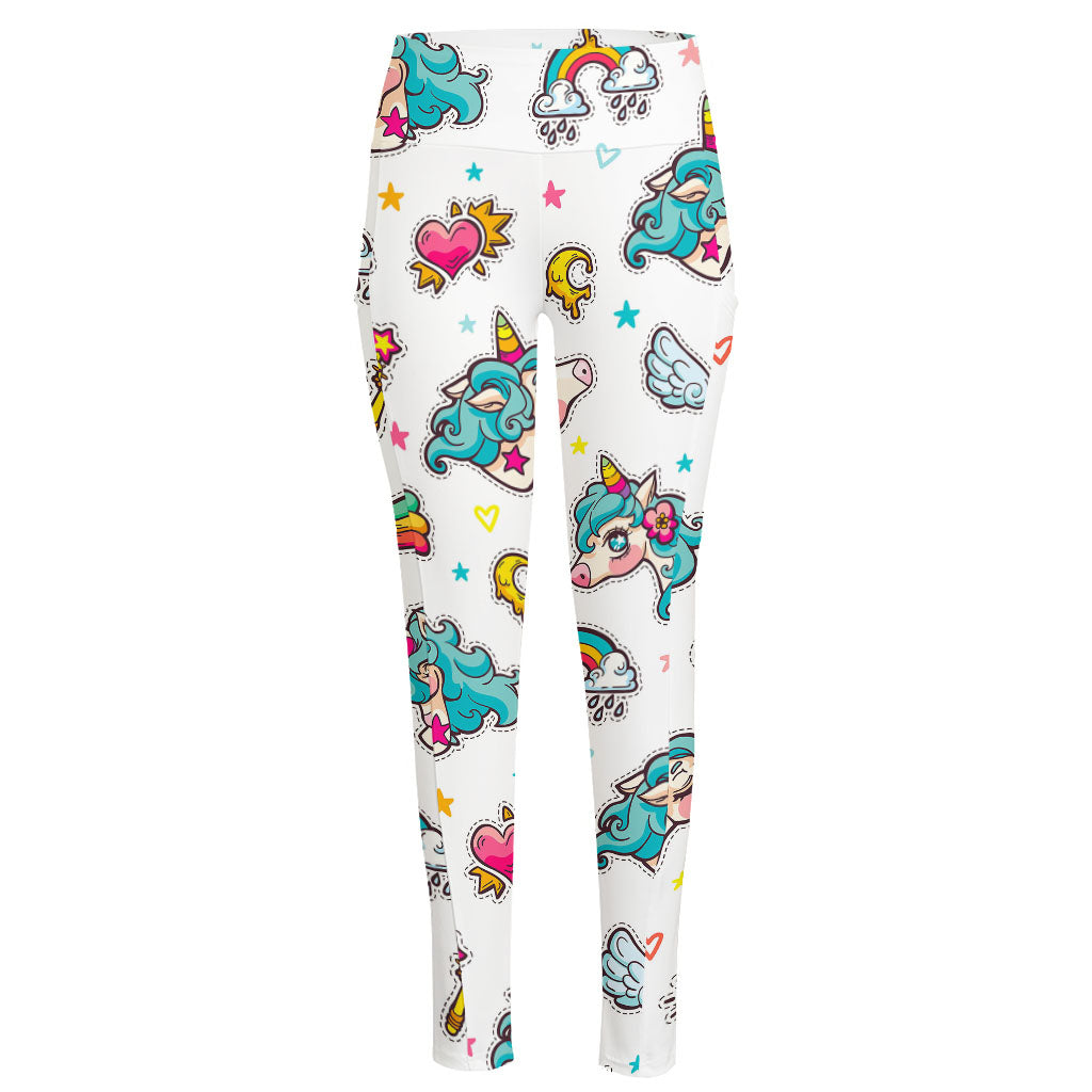 Little Girly Unicorn Pattern Print High-Waisted Pocket Leggings