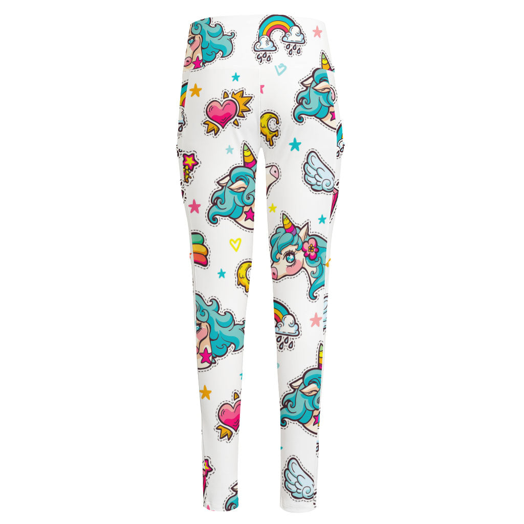 Little Girly Unicorn Pattern Print High-Waisted Pocket Leggings