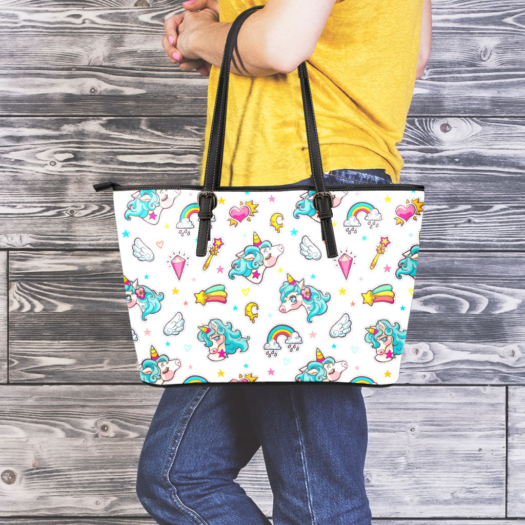 Little Girly Unicorn Pattern Print Leather Tote Bag