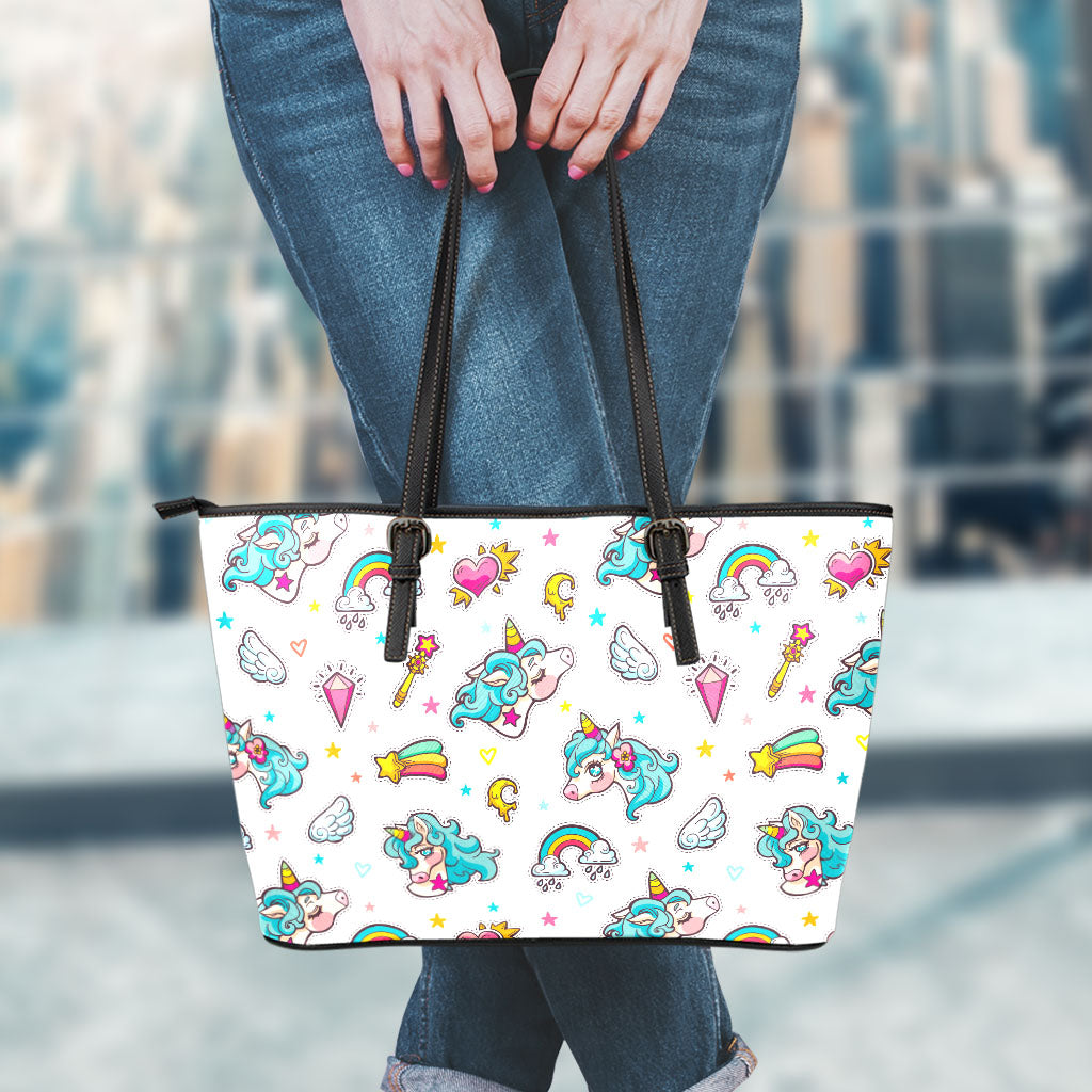 Little Girly Unicorn Pattern Print Leather Tote Bag
