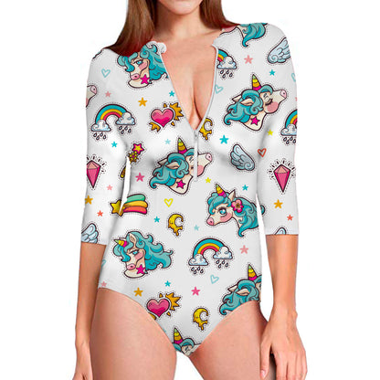Little Girly Unicorn Pattern Print Long Sleeve Swimsuit
