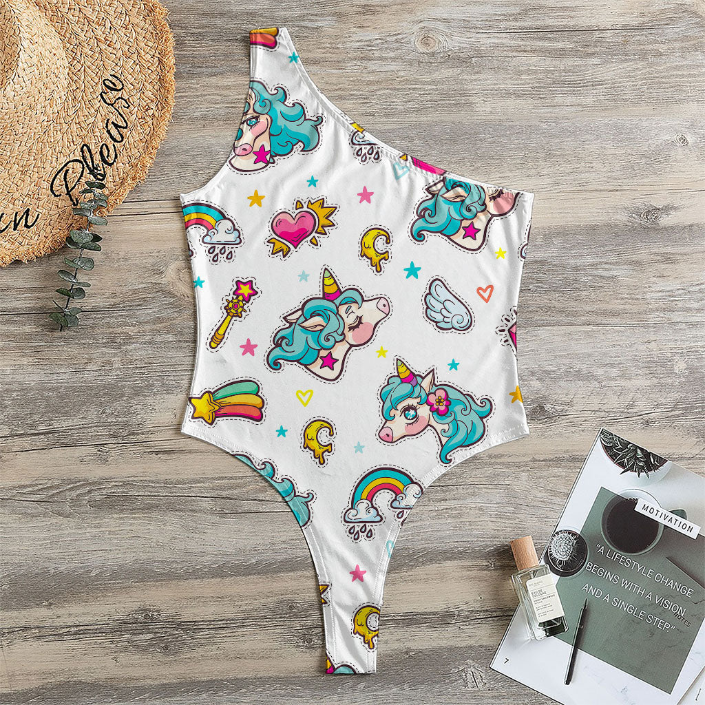 Little Girly Unicorn Pattern Print One Shoulder Bodysuit