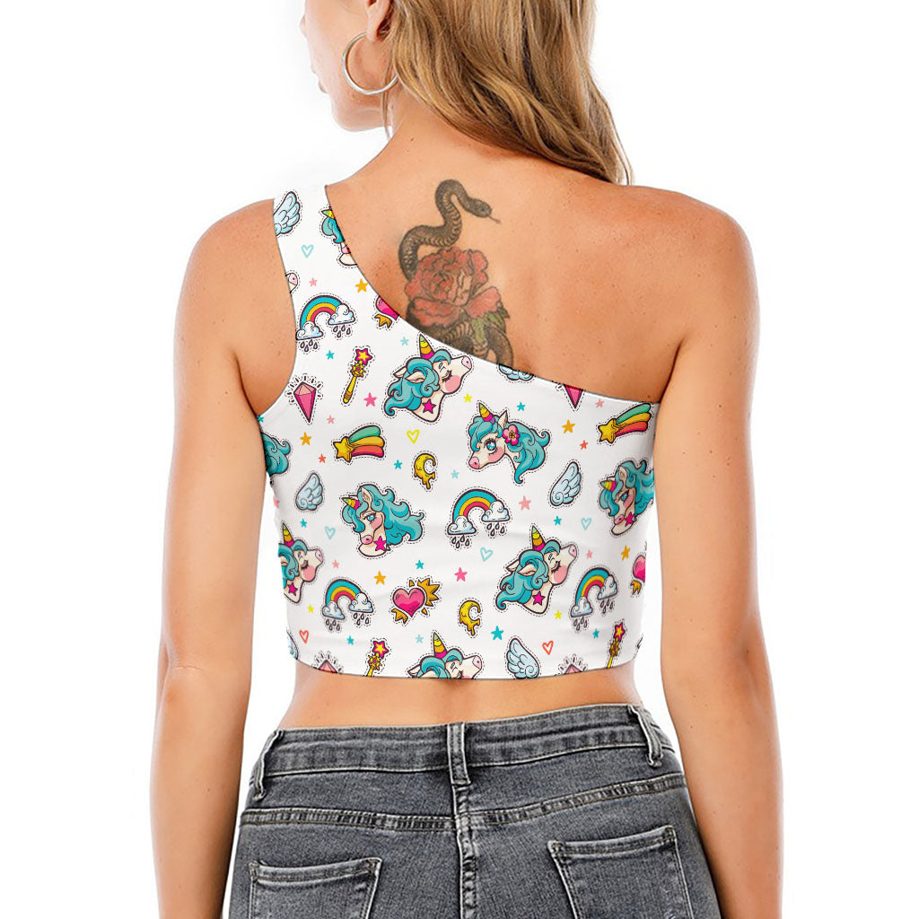 Little Girly Unicorn Pattern Print One Shoulder Crop Top