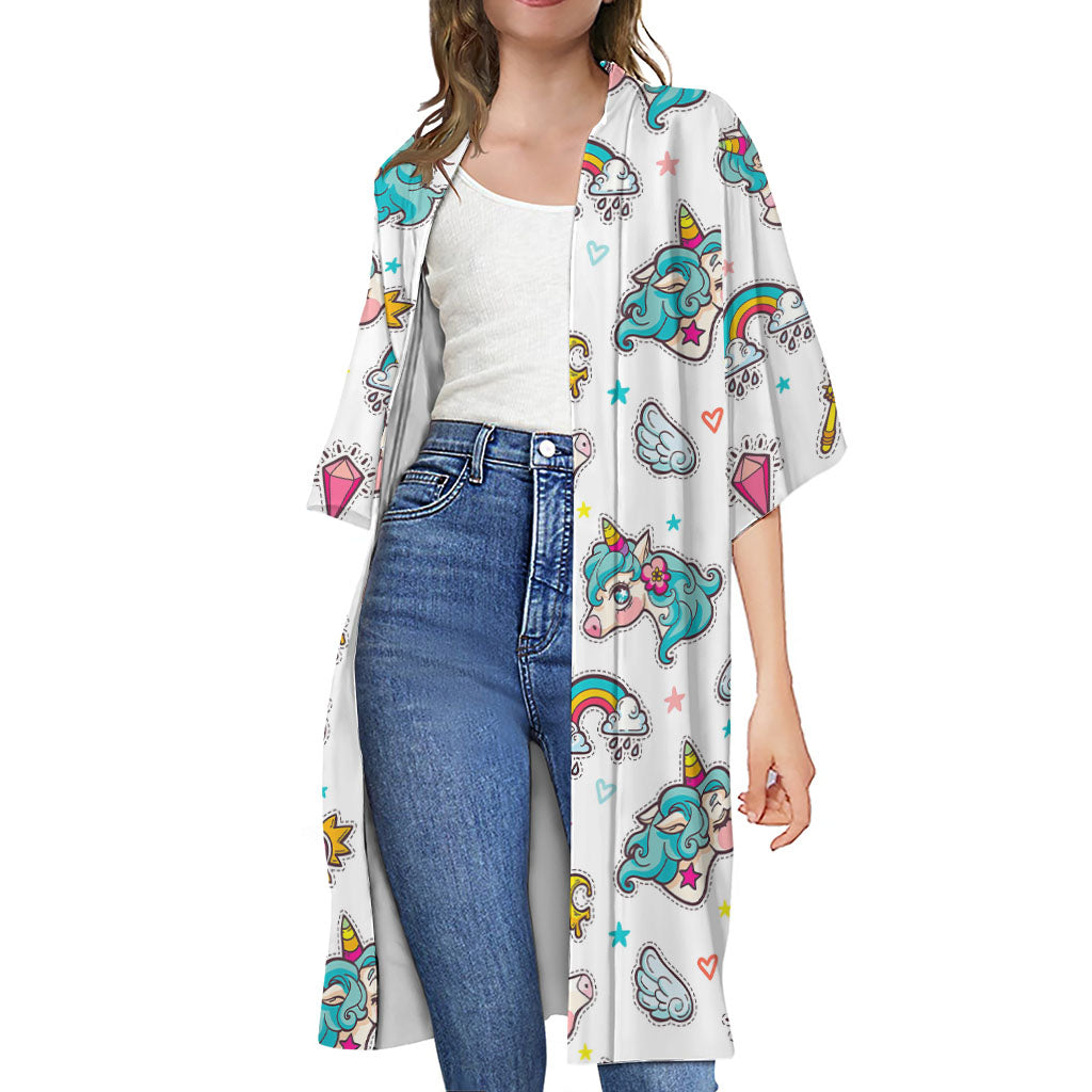 Little Girly Unicorn Pattern Print Open Front Beach Cover Up