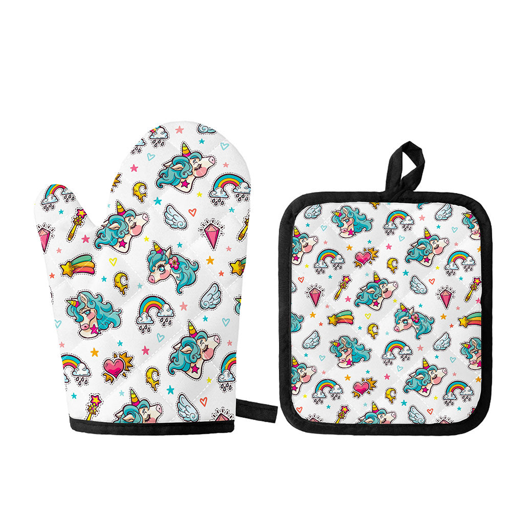 Little Girly Unicorn Pattern Print Oven Mitt And Pot Holder Set
