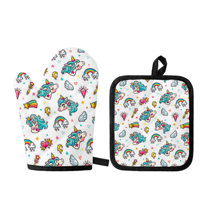 Little Girly Unicorn Pattern Print Oven Mitt And Pot Holder Set