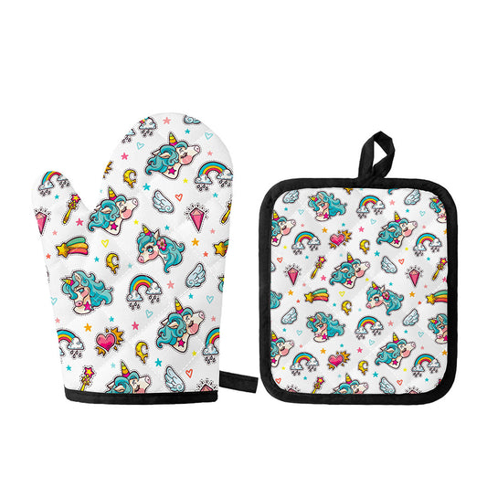 Little Girly Unicorn Pattern Print Oven Mitt And Pot Holder Set