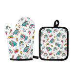 Little Girly Unicorn Pattern Print Oven Mitt And Pot Holder Set