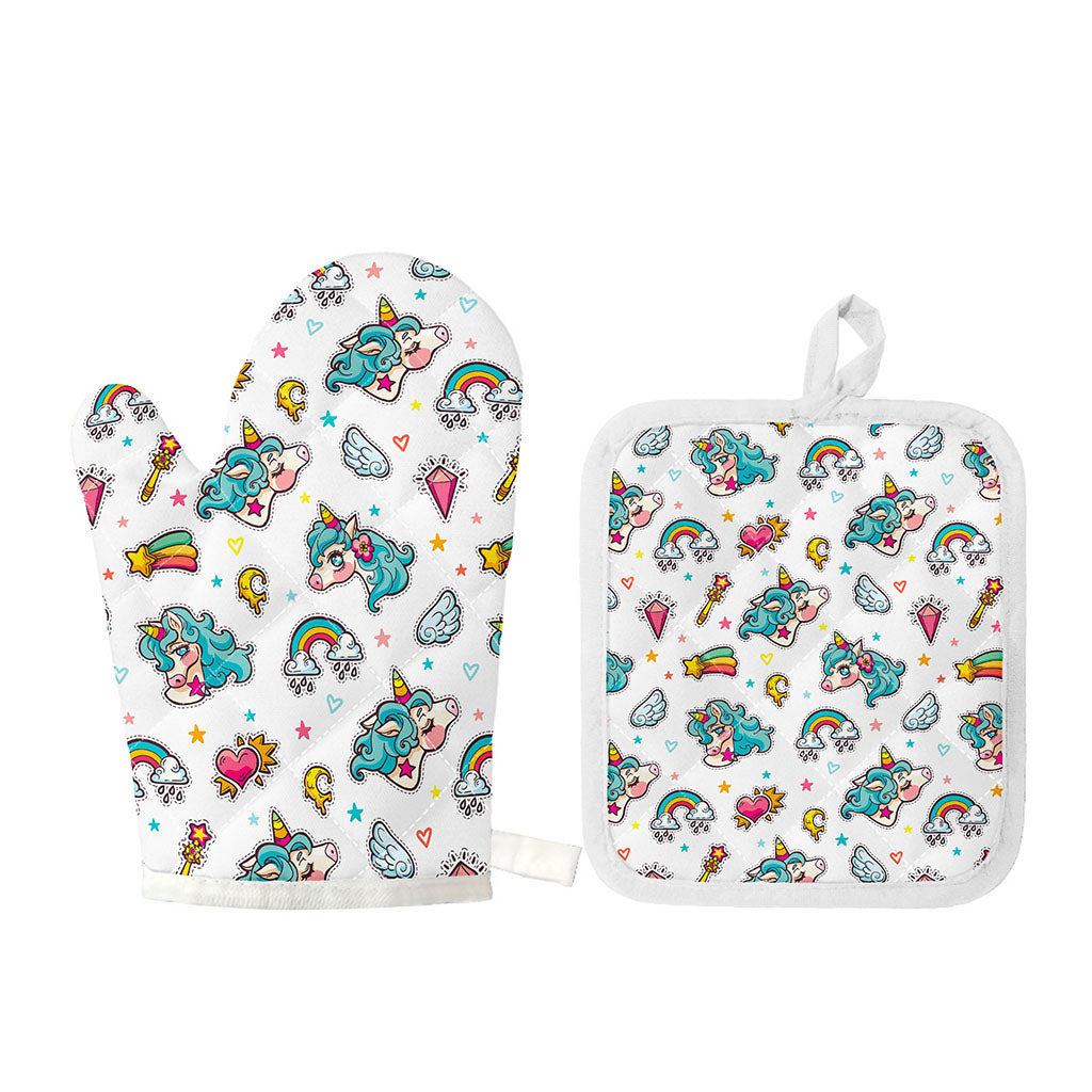 Little Girly Unicorn Pattern Print Oven Mitt And Pot Holder Set