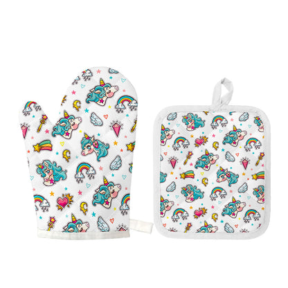 Little Girly Unicorn Pattern Print Oven Mitt And Pot Holder Set
