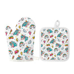 Little Girly Unicorn Pattern Print Oven Mitt And Pot Holder Set
