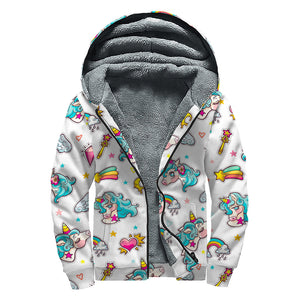 Little Girly Unicorn Pattern Print Sherpa Lined Zip Up Hoodie