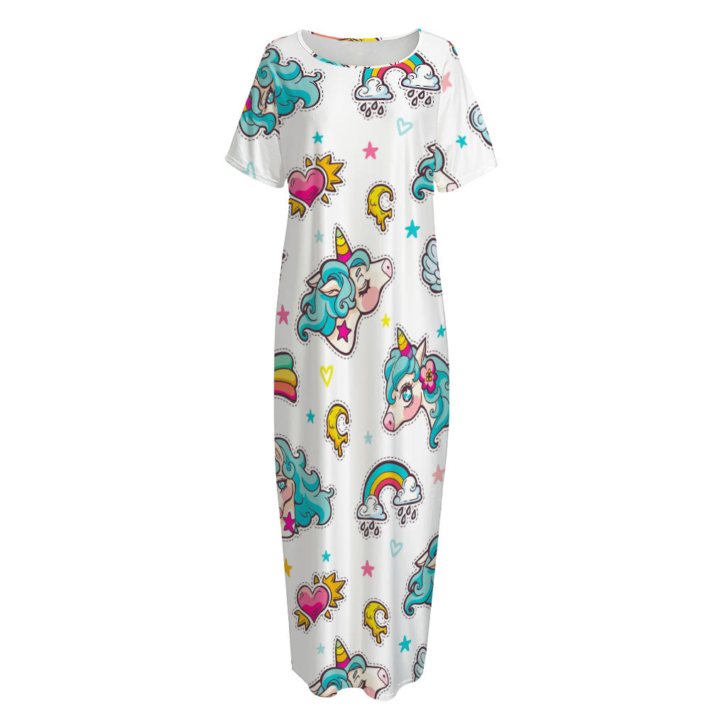 Little Girly Unicorn Pattern Print Short Sleeve Long Nightdress