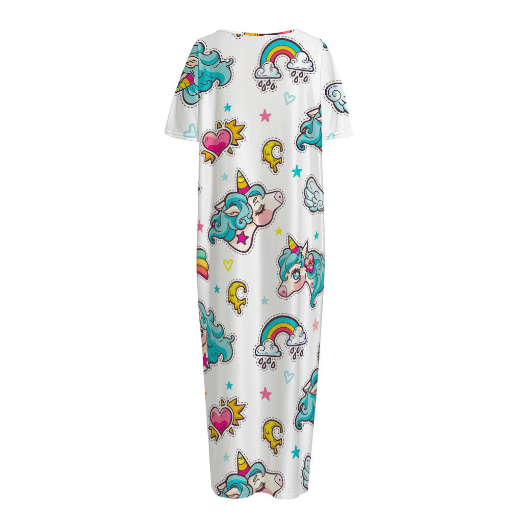 Little Girly Unicorn Pattern Print Short Sleeve Long Nightdress