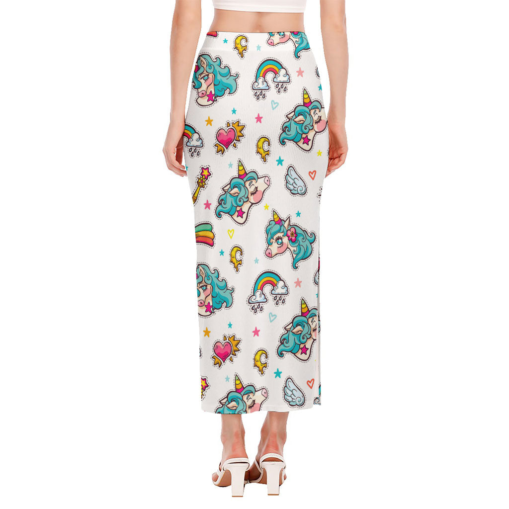 Little Girly Unicorn Pattern Print Side Slit Maxi Skirt