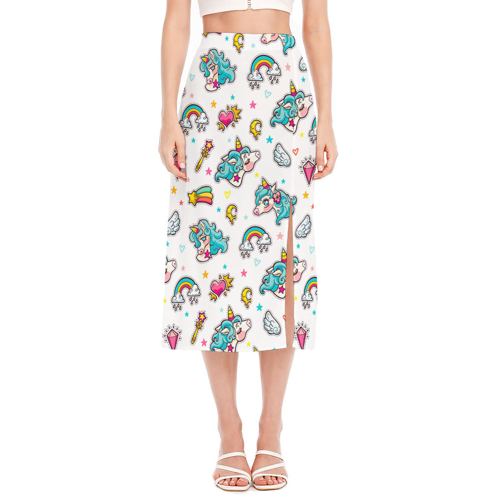 Little Girly Unicorn Pattern Print Side Slit Midi Skirt