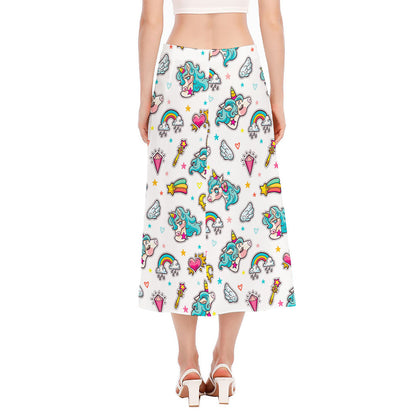Little Girly Unicorn Pattern Print Side Slit Midi Skirt