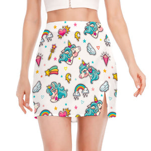 Little Girly Unicorn Pattern Print Side Slit Mini Skirt