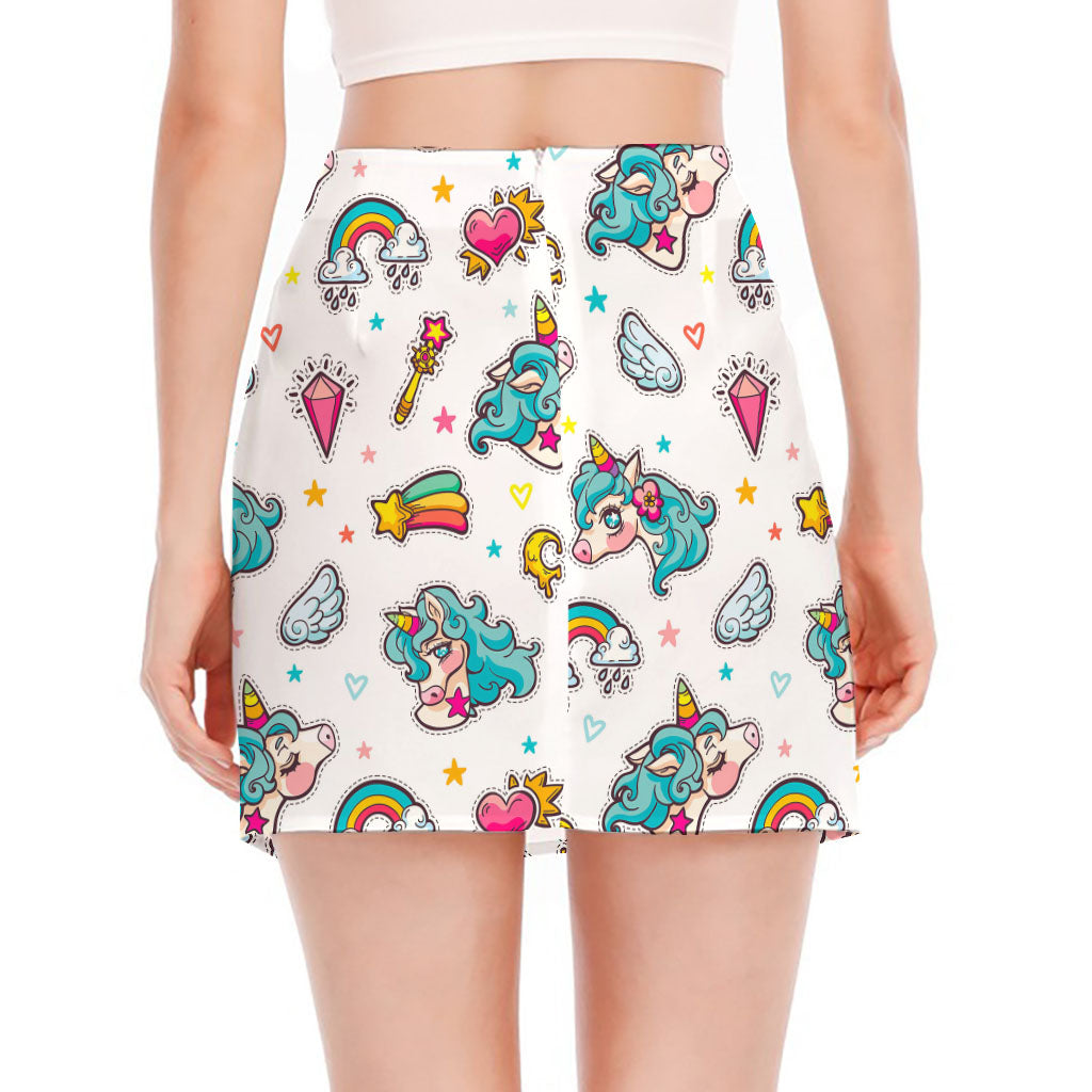 Little Girly Unicorn Pattern Print Side Slit Mini Skirt