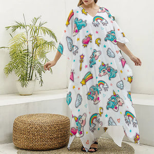 Little Girly Unicorn Pattern Print Silk V-Neck Kaftan Dress