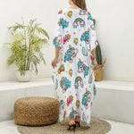 Little Girly Unicorn Pattern Print Silk V-Neck Kaftan Dress