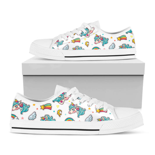 Little Girly Unicorn Pattern Print White Low Top Sneakers