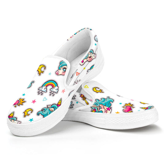 Little Girly Unicorn Pattern Print White Slip On Sneakers