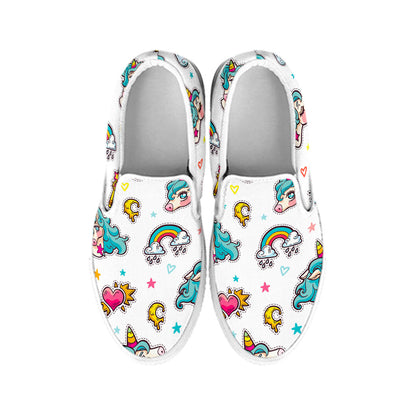 Little Girly Unicorn Pattern Print White Slip On Sneakers