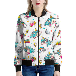 Little Girly Unicorn Pattern Print Women's Bomber Jacket