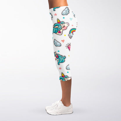 Little Girly Unicorn Pattern Print Women's Capri Leggings