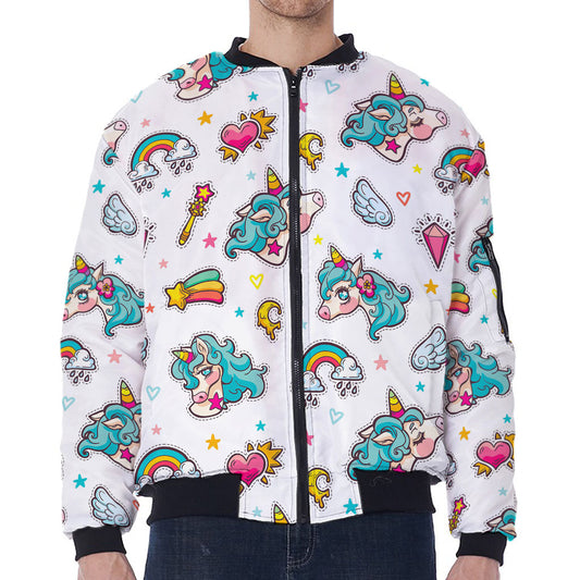 Little Girly Unicorn Pattern Print Zip Sleeve Bomber Jacket