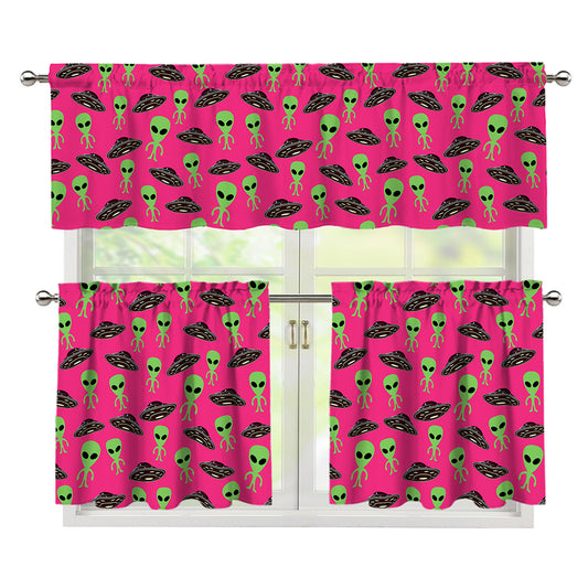 Little Green Alien UFO Print 3 Piece Kitchen Curtains