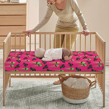 Little Green Alien UFO Print Baby Crib Sheet