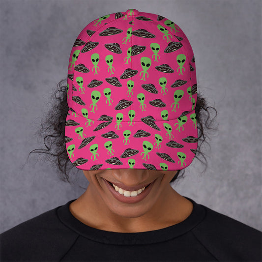 Little Green Alien UFO Print Baseball Cap