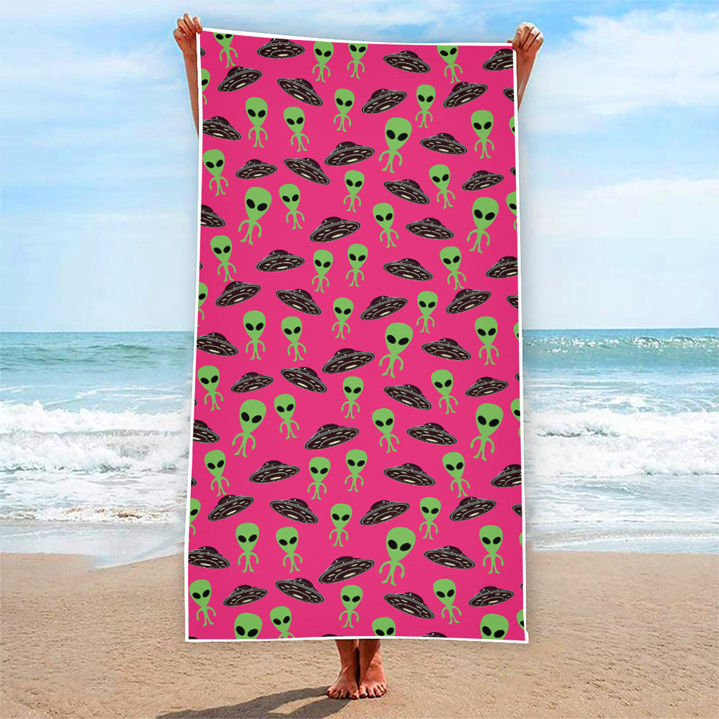 Little Green Alien UFO Print Beach Towel